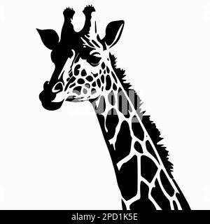 Silhouette von Giraffenkopf und -Hals schwarz auf weißem Hintergrund. afrikanisches Vektortier, Konzept für Savannah-Safari, Tattoo-Design, isolierte Ikone mit g. Stockfoto