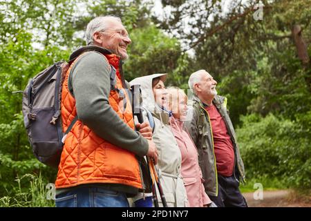Glückliche ältere männliche und weibliche Freunde wandern im Wald während des Urlaubs Stockfoto