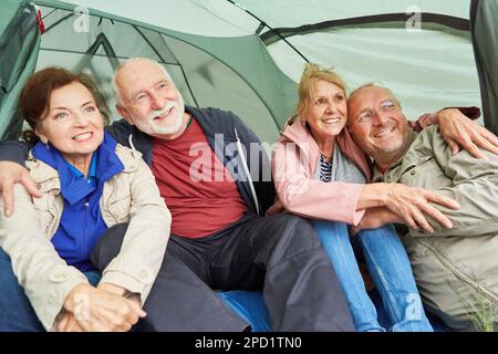 Glückliche ältere Paare, die wegschauen, während sie im Urlaub im Campingzelt im Wald sitzen Stockfoto