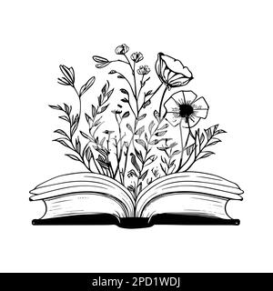 Buch mit Blumen Linie Art Vektorsymbol, isolierter Blumenclipart. Offenes Geschichtenbuch und Wildblumen boho dekorative Komposition, schwarz-weiße Quelle oder Stockfoto