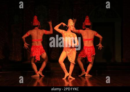 Traditionelle vietnamesische Volkslieder und Volkstänze mit traditionellen Kostümen und Musikinstrumenten, die in Hoi an, Vietnam, fotografiert wurden Stockfoto