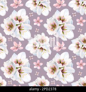 Pinkfarbenes, wasserfarbenes Muster mit Mandelblumen, Kirsche, Apfelblüte und weißen Blumenstraußen für Hochzeitsdesigns Stockfoto