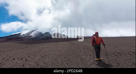 Junger männlicher Kletterer, der alleine mit Wanderstöcken durch die Sandbank des Vulkans Cotopaxi an einem bewölkten Tag wandert Stockfoto