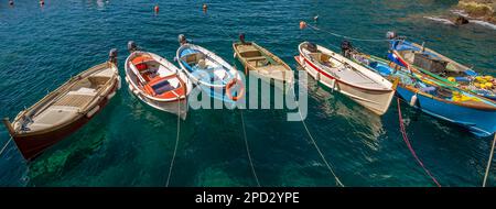 Sieben hölzerne Boote stehen im Meer in Manarola, Cinque Terre, Italien Stockfoto