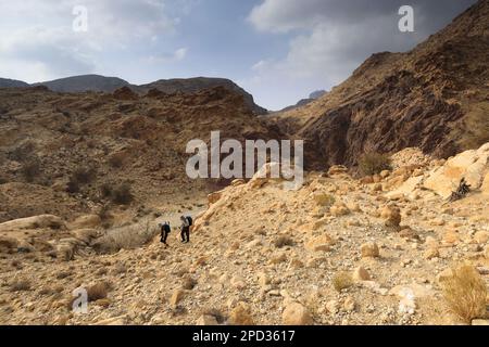 Walkers auf dem Jordan Trail in Wadi Feid, Jabal Ffied, Al-Sharat in Jordanien, Naher Osten Stockfoto