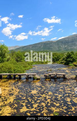 Eine malerische hölzerne Brücke durchquert einen majestätischen Fluss, dessen Wasser unter sich energisch rauscht Stockfoto