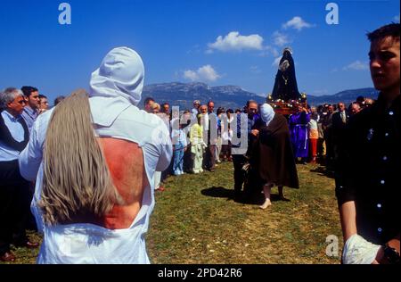 'Picao' (penitent) flagellierend (autodisziplinandose self-disziplined).'Los Picaos', Heilige Woche Prozession. Cofradia de la Santa Vera Cruz de los Discip Stockfoto