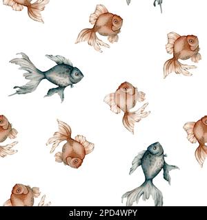 Nahtloses Muster mit wasserfarbenen Fischen. Handbemalte Muscheln. Aquarell-Vintage-Ozeanhintergrund. Original handgezeichnete Illustration. Marine Stockfoto