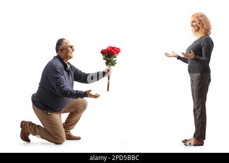 Ein erwachsener Mann kniet nieder und gibt einer Frau, isoliert auf weißem Hintergrund, einen Haufen roter Rosen Stockfoto