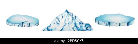 Aquarell mit Schneebirgen und Eisschollen. Mit der Hand einen Eisblock auf einem weißen, isolierten Hintergrund zu malen. Für Designer, Dekoration, Postkarten Stockfoto
