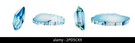 Aquarelle Eisschollen und Kristalle. Mit der Hand einen Eisblock auf einem weißen, isolierten Hintergrund zu malen. Für Designer, Dekoration, Postkarten Stockfoto