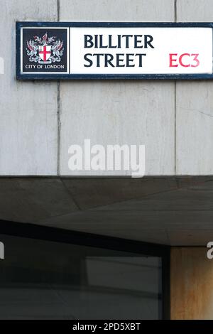 Straßenschild für Billiter Street, London EC3, England. Stockfoto