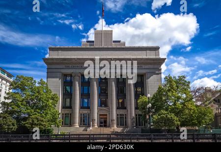 Verwaltungsgebäude für die Kirche Jesu Christi der Heiligen der letzten Tage in Salt Lake City, Utah Stockfoto