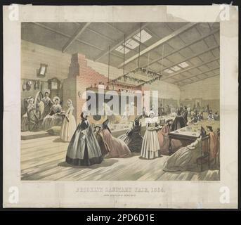 Brooklyn Sanitärmesse, 1864. New England Küche/Lith. Von A. Brown & Co. 47 Nassau St. New York für Henry McCloskeys Handbuch von 1864. Marian S. Carson-Sammlung in der Kongressbibliothek. United States Sanitary Commission, Meetings, New York (State), New York, 1860-1870, Brooklyn und Long Island Fair in Aid of the United States Sanitary Commission, (1864) , Women, Clothing & Dress, New York (State), New York, 1860-1870, Küchen, New York (Staat), New York, 1860-1870, Esstische, New York (Staat), New York, 1860-1870, Essen & Trinken, New York (Staat), New York, 1860-1870, Kamin Stockfoto