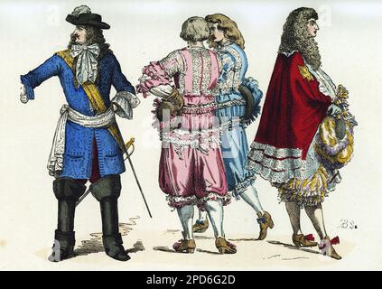 Costumes de gentilshommes en justaucorps, vers 1671 et Portrait de Philippe de France ( 1640-1701), duc d'Orleans, surnomme Monsieur, frere du roi Louis XIV ( 1638-1715), vers 1663. Gravure en Couleurs d'apres une estampe du Temps, in 'La France et les francais a Travers les siecles' par Augustin Challamel, Paris 1882. Stockfoto