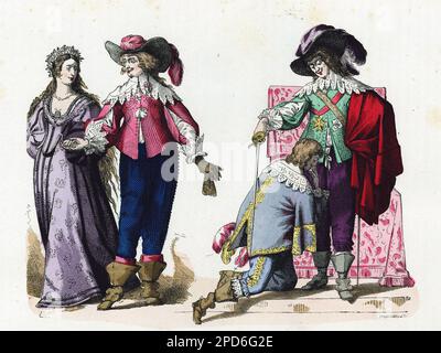 Costume de gentilhomme conduisant une mariee de campagne, en 1636 et Portrait du roi Louis XIII ( 1601-1643), Creant un chevalier du Saint Esprit, en 1633. Gravure en Couleurs, in 'La France et les francais a Travers les siecles' par Augustin Challamel, Paris 1882. Stockfoto