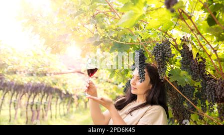 Wunderschöne Frau träumt von Rotwein und genießt den Sommeraufenthalt in Weinbergen an einem schönen sonnigen Tag. Eine Frau, die Rotwein trinkt. Erntesaison. Hochwertiges Foto Stockfoto