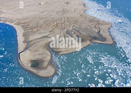 Luftaufnahme des schwimmenden Drifteises/Eisbergs im Recherche Fjord, von Recherchebreen, Gletscher im Wedel Jarlsberg Land, Spitsbergen/Svalbard Stockfoto