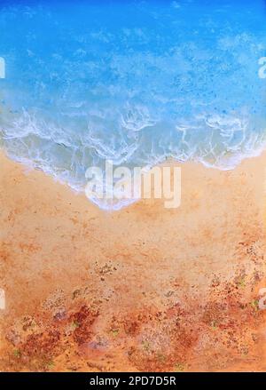 Skulpturenmalerei eines Sandstrands. Malen von gemischten Medien auf Papier. Stockfoto