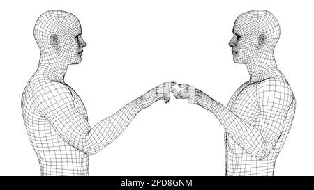 Zwei männliche Drahtmodelle berühren sich mit Zeigefingern auf weißem Hintergrund. Stockfoto