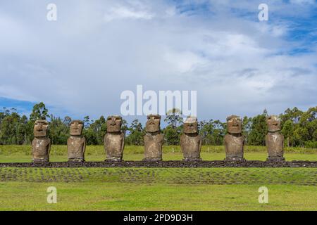 Vorderansicht von sieben Moai-Statuen bei Ahu Akivi, dem einzigen Ahu mit Moai-Statuen, die auf der Osterinsel (Rapa Nui), Chile, auf den Pazifischen Ozean gerichtet sind. Stockfoto