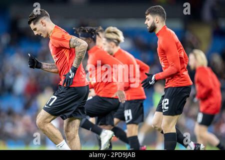 Etihad Stadium, Manchester, Großbritannien. 14. März 2023. Champions League Fußball, Runde der 16. Teilstrecke, Manchester City gegen RB Leipzig; Dominik Szoboszlai von RB Leipzig während des Warm-Up Credit: Action Plus Sports/Alamy Live News Stockfoto