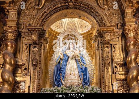 Virgen de las Nieves in der Kirche Santa Maria la Blanca, Heilige Maria die Weiße. Es ist das Hauptquartier der Bruderschaft unseres Rosenkranzes Stockfoto