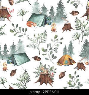Camping im Wald. Zelt, Bäume, Lagerfeuer, Pflanzen, Füchse, Bären und Blumen. Landschaftstourismus. Wasserfarben, handgezeichnet. Weißer Hintergrund. Stockfoto