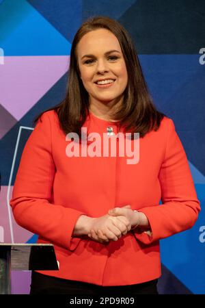 Kate Forbes, Kandidatin für die SNP-Führung, nimmt an einer SNP-Führungsdebatte im Mansfield Traquair in Edinburgh Teil. Foto: Dienstag, 14. März 2023. Stockfoto