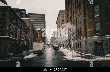 Foto von der Lower Water Street in den Tiefen des Winters, flankiert vom Dominion Public Building, Mitchell House, Old Fire Station Stockfoto