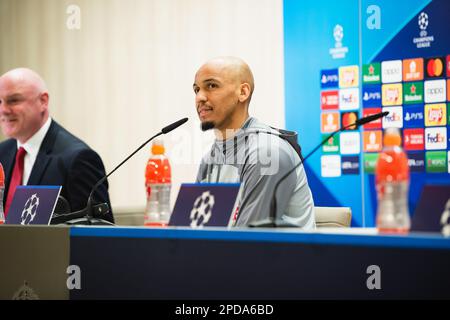 Madrid, Madrid, Spanien. 14. März 2023. Fabinho (Liverpool) während der Pressekonferenz vor dem Fußballspiel zwischen.Real Madrid und Liverpool, gültig für die zweite Etappe der Runde 16 der UEFA ChampionÃs League, die am Mittwoch, den 15. März 2023 im Bernabeu-Stadion in Madrid, Spanien, gefeiert wurde (Bild: © Alberto Gardin/ZUMA Press Wire) NUR ZUR REDAKTIONELLEN VERWENDUNG! Nicht für den kommerziellen GEBRAUCH! Stockfoto