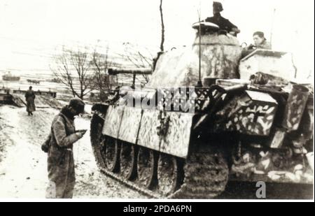 World war Two B&W Foto Ein deutscher Panther Tank steht auf der Straße in Ungarn 1944 Stockfoto