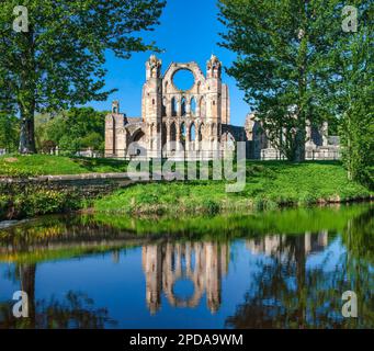 Der Blick auf die Elgin Cathedral im Frühling spiegelt sich im Fluss Lossie, Moray Firth, Schottland, Großbritannien Stockfoto