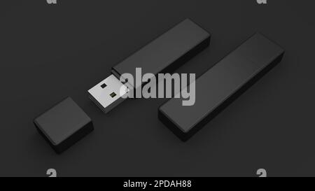 USB-Flash-Laufwerk isoliert auf schwarzem Hintergrund. Datenspeichergerät. Pen-Laufwerk. Pendrive. 3D Abbildung. Stockfoto