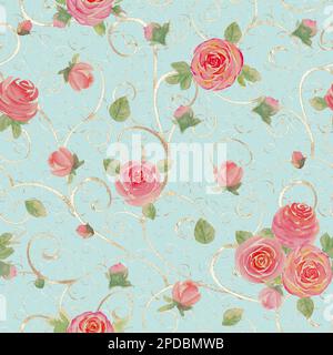 Aquarell Rosen Blumen. Wunderschönes, nahtlos gestimmtes Blumenmuster. Aquarell handgezeichnete botanische Illustration für den Frühling Sommer auf pastellgrünem Hintergrund. P Stockfoto