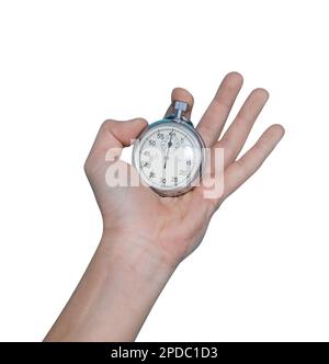 Stoppuhr in der Hand, isoliert auf weißem Hintergrund Stockfoto