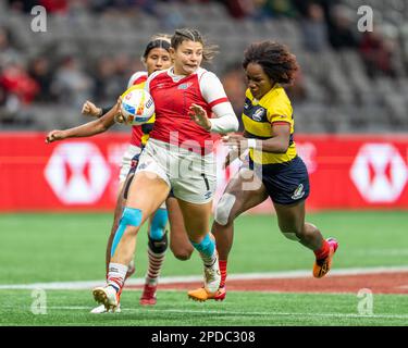 Vancouver, Kanada. 4. März 2023. Lisa Thomson (C) aus Großbritannien läuft mit dem Ball an Tag 2 – HSBC Canada Sevens gegen Columbia bei BC Plac Stockfoto