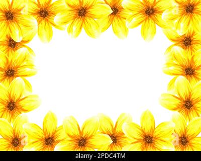 Rahmen mit Blumen. Aquarell abstrahiert helle sommergelbe Blumen und Blätter. Isolierte Objekte auf weißem Hintergrund. Gemalte Blumendekor. Stockfoto