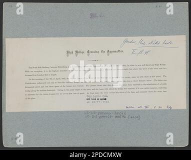 Hochbrücke, Appomattox, Virginia. Titel von Posten, Nr. 4152, Abbildungen In: Gardners fotografisches Skizzenbuch des Krieges / Alexander Gardner. Washington, D.C. : Philp & Solomons, [c1866], v. II, pl. 98, handgeschrieben auf Verso: „Miller, Vol. III, S. 311', Gift; Oberst Godwin Ordway; 1948, Ausgestellt im Nevada Museum of Art, Reno, NV, August bis November 2014: „Vom Territorium zum Bundesstaat: Historische Schätze der Hauptstadt Nevadas“. Eisenbahnbrücken, Virginia, 1860-1870, Brückenbau, Virginia, 1860-1870, Usa, Geschichte, Bürgerkrieg, 1861-1865, Usa, Virginia, Appomattox Stockfoto