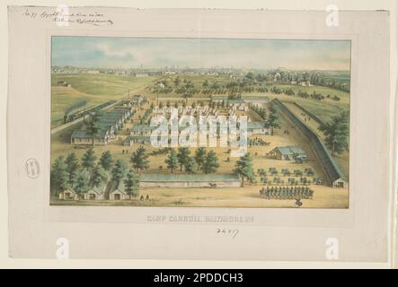 Camp Carroll, Baltimore, MD/Lith. & Druck von E. Sachse & Co., 104 S. Charles St., Balto... 77 US-DOLLAR Copyright Office, Titel von Artikel, Veröffentlichungsdatum basierend auf dem Copyright-Hinweis auf dem Artikel, mit Tinte oben links eingeschrieben: Nr. 77 Copyright gesichert Dezember 30 1862 am selben Tag hinterlegte Veröffentlichung, mit Bleistift in der Mitte unten: 24017, am unteren linken Rand eingeprägt: Copyright Library Jan 1864. Familie Carroll, Homes & Haunts, Maryland, Baltimore, 1860-1870, Vereinigte Staaten, Armee, Einrichtungen, Maryland, Baltimore, Militärlager, Maryland, Baltimore, 1860-1870, Mount Clare (Baltimore, Md.), 1860-1870, U Stockfoto