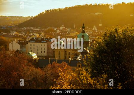 Landschaft mit der Kuppel der Straka Akademie am Abend im Herbst in Prag, Tschechische Republik. Stockfoto