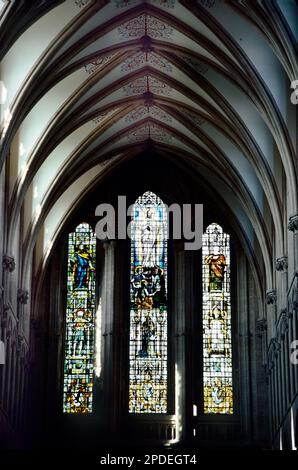 Buntglasfenster, Südquer, Wells Cathedral, Wells, Somerset, England Stockfoto