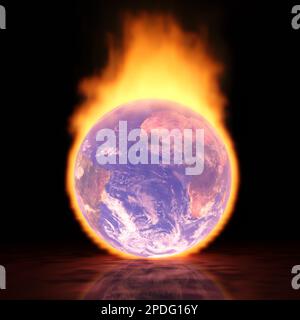 Die Welt brennt: Eine 3D-Darstellung der Erde in Flammen. Stockfoto