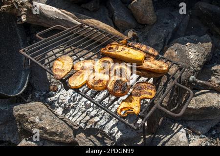 Alles im Freien: Kartoffeln, Süßkartoffeln, Zwiebeln, Kürbis und Auberginen, die auf dem Grill geröstet werden. Die Glut und die Steine sind zu sehen. Stockfoto