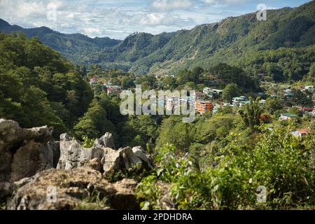 Das imposante Tal mit Häusern in Sagada, Philippinen, umgeben von Wäldern, Hügeln bedeckt mit Wald im Hintergrund, Pflanzen im Vordergrund Stockfoto