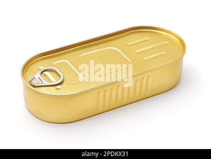 Geschlossene, goldene Dose mit Meeresfrüchten, isoliert auf weiß Stockfoto