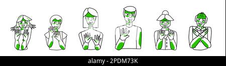 Emotionen der Ekel, die Leute sind bereit. Ekelhafter Junge und ekelhaftes Mädchen, Mann und Frau, Großvater und Großmutter. Сover mit den Händen. Skizzierter Stil Weiß und Grün Stock Vektor