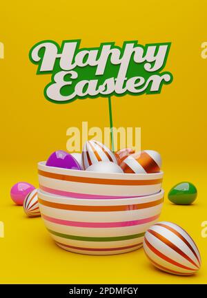 Viele farbenfrohe Ostereier mit einem Schild und den Wörtern Happy Easter auf gelbem Hintergrund, moderner Osterhintergrund, 3D-Rendering Stockfoto