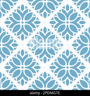 Geometrisches Lotus-Nahtloses Muster. Durchgehender Zierdruck in Blau und Weiß. Streifen und abstrakte Blumen Stockfoto