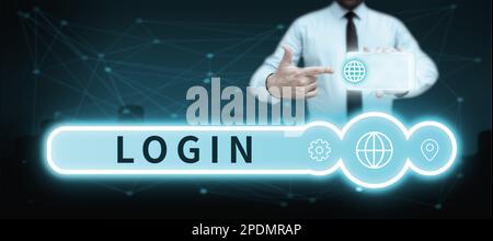 Textüberschrift zur Präsentation der Anmeldung. Geschäftlicher Ansatz beim Aufrufen des Website-Blogs mithilfe der Registrierung von Benutzername und Kennwort Stockfoto